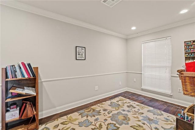 interior space with visible vents, baseboards, dark wood-style floors, and crown molding