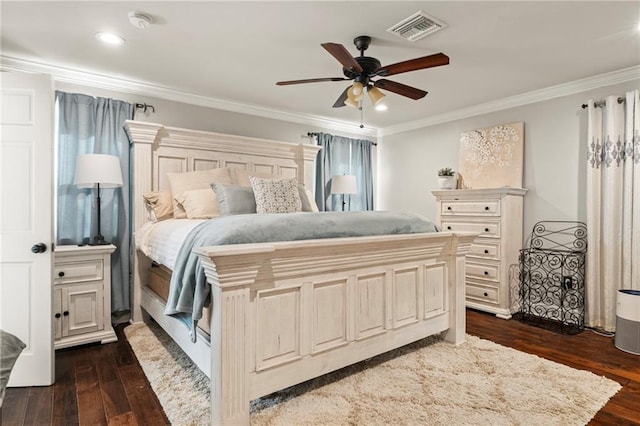 bedroom with visible vents, dark wood-type flooring, ornamental molding, a ceiling fan, and recessed lighting