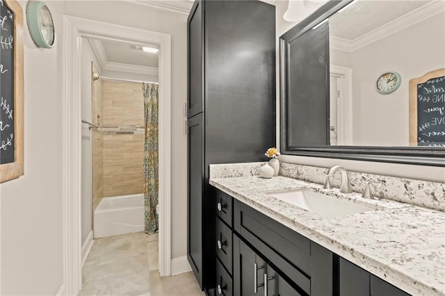 full bathroom with shower / bathtub combination with curtain, baseboards, ornamental molding, and vanity