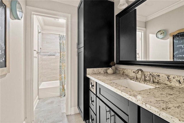 bathroom with vanity, crown molding, and shower / tub combo