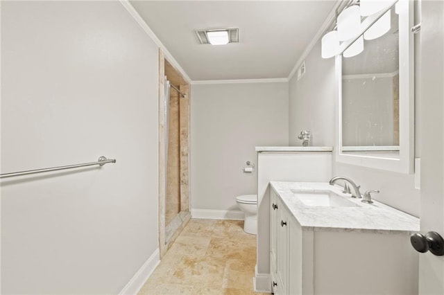 bathroom with toilet, ornamental molding, a shower, baseboards, and vanity