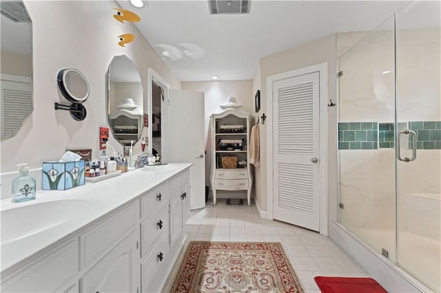 bathroom featuring tile patterned flooring, visible vents, a shower stall, a closet, and a sink