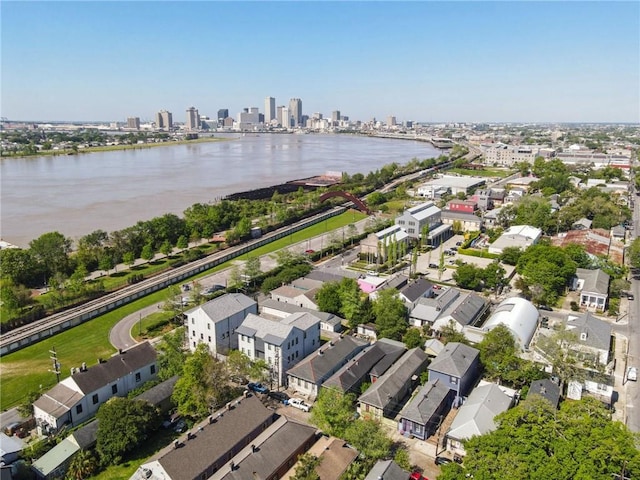 aerial view featuring a view of city and a water view