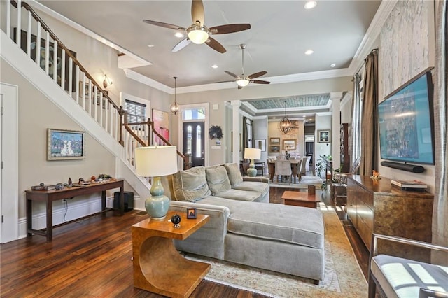 living room with crown molding, stairs, recessed lighting, wood finished floors, and a ceiling fan