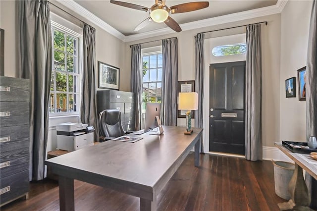 office area with baseboards, wood finished floors, a ceiling fan, and ornamental molding