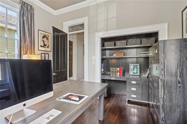 office area featuring dark wood-style floors and crown molding