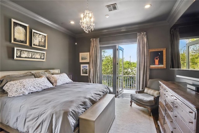 bedroom featuring visible vents, multiple windows, a notable chandelier, and access to outside