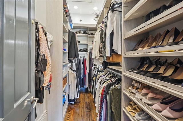 spacious closet featuring attic access and wood finished floors