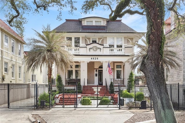 traditional style home featuring stucco siding, a gate, a fenced front yard, a shingled roof, and a balcony