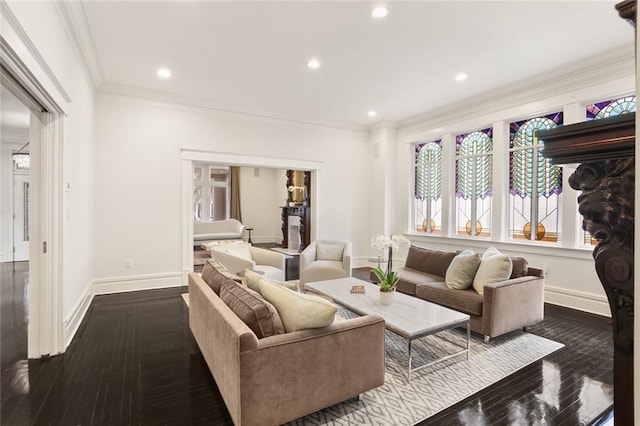 living area featuring baseboards, dark wood finished floors, and crown molding