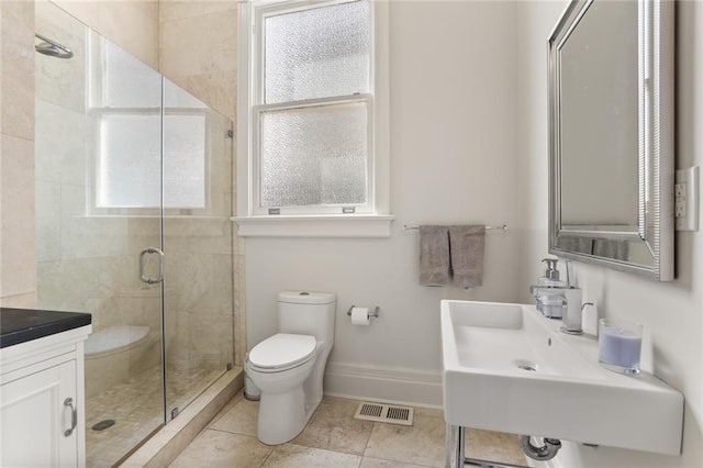 bathroom featuring a shower stall, toilet, visible vents, and plenty of natural light