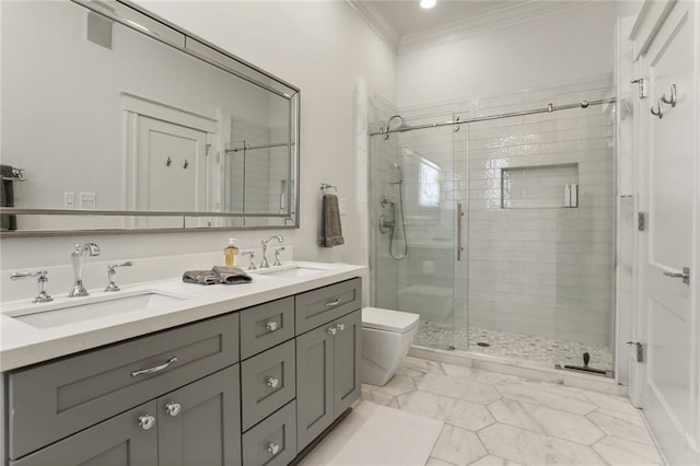 full bathroom with a shower stall, crown molding, and a sink