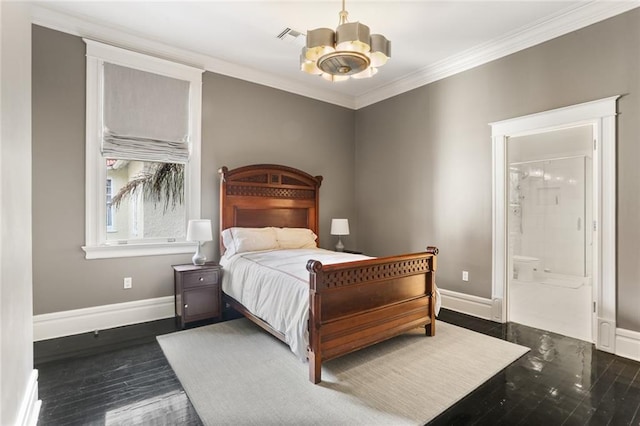 bedroom featuring baseboards, visible vents, dark wood finished floors, crown molding, and a chandelier