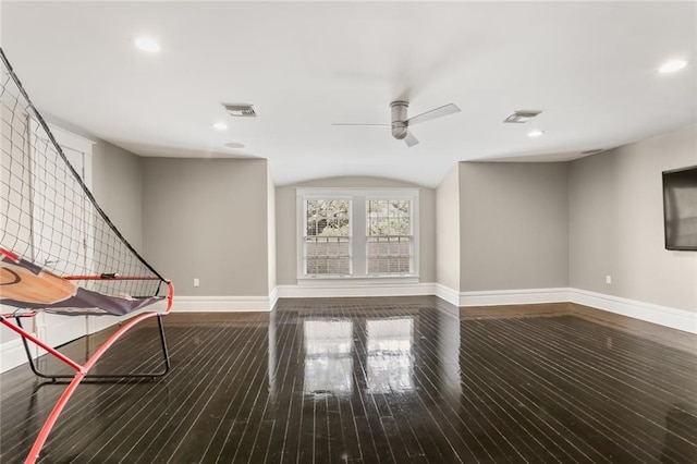 rec room with visible vents, baseboards, wood finished floors, and a ceiling fan