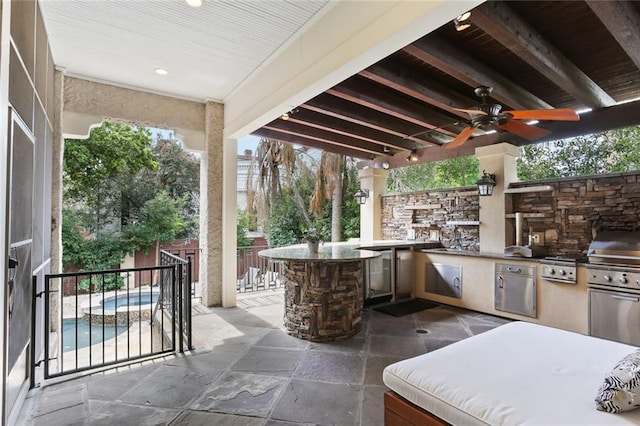 view of patio / terrace with area for grilling, an outdoor pool, ceiling fan, and fence