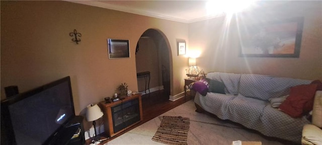 living area featuring baseboards, wood finished floors, arched walkways, and ornamental molding