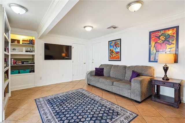 living room featuring light tile patterned flooring, baseboards, visible vents, and ornamental molding