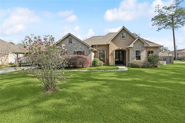 french country home with stone siding, stucco siding, a shingled roof, and a front yard