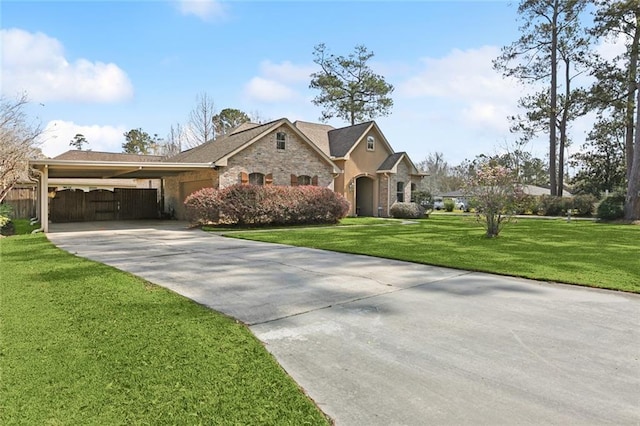 view of front of house with a carport, stone siding, driveway, and a front lawn