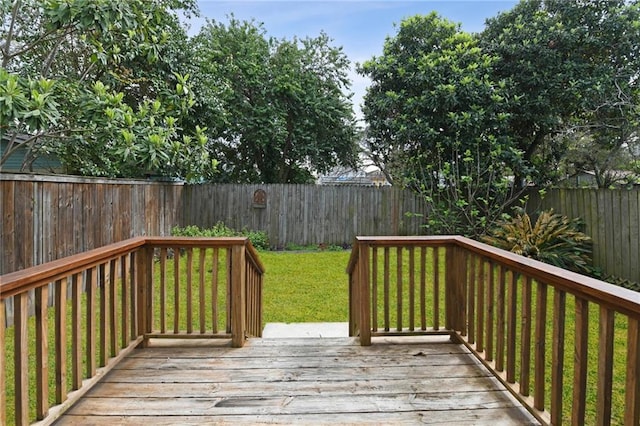 wooden deck with a lawn and a fenced backyard