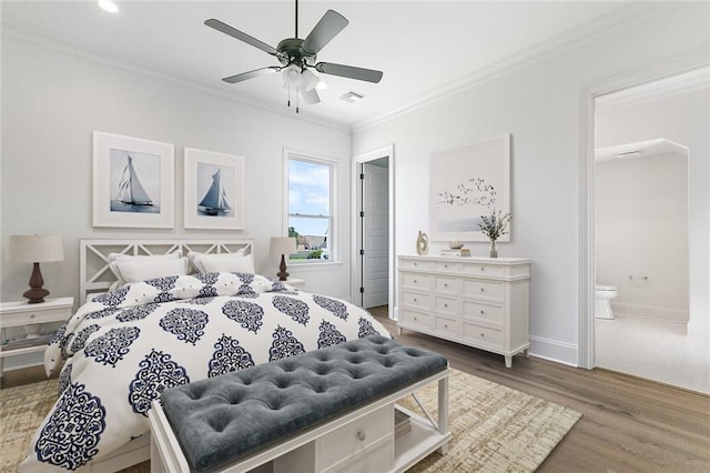 11 Khan Ct, Metairie, LA 70003 - bedroom with wood finished floors, ornamental molding, ensuite bath, recessed lighting, and a ceiling fan