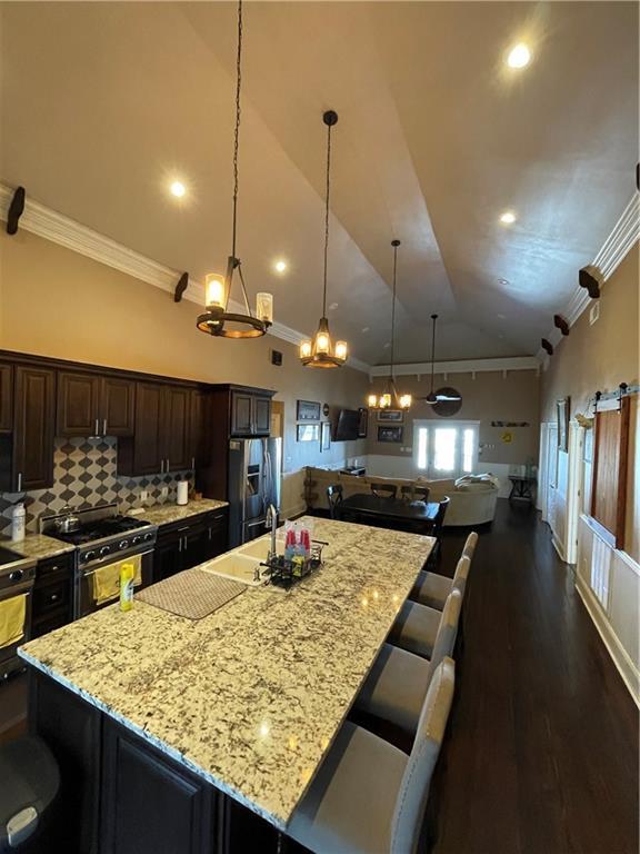 kitchen featuring dark wood-type flooring, crown molding, lofted ceiling, appliances with stainless steel finishes, and a large island