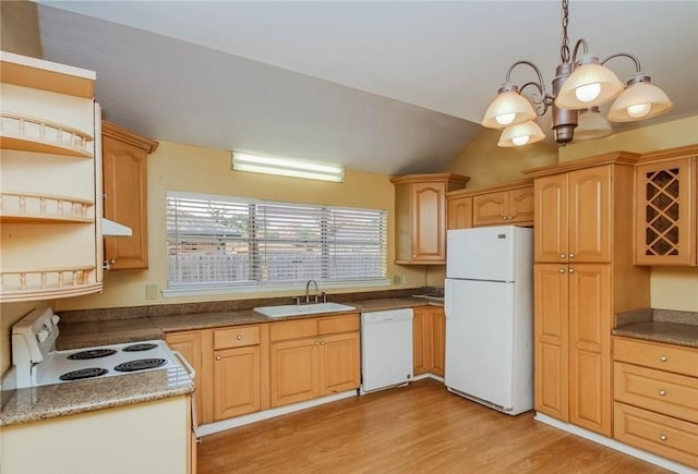 kitchen with white appliances, light wood finished floors, open shelves, a sink, and a notable chandelier