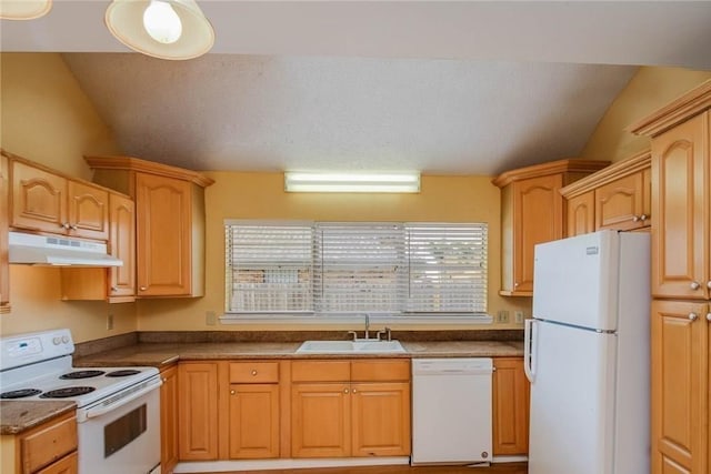 kitchen featuring white appliances, a sink, vaulted ceiling, under cabinet range hood, and dark countertops