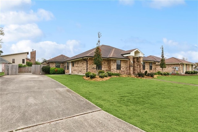 single story home featuring brick siding, concrete driveway, a front yard, and fence