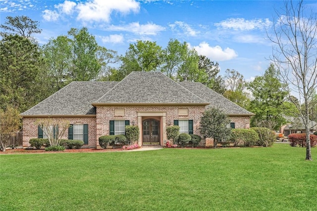 view of front facade with brick siding and a front yard