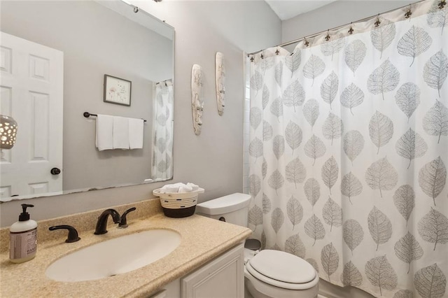 bathroom featuring vanity, toilet, and a shower with curtain