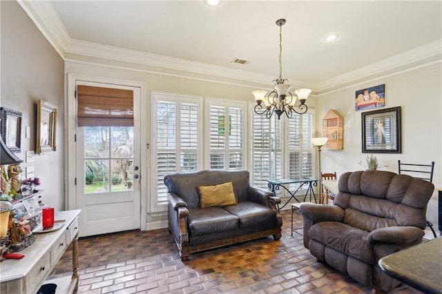 living room with visible vents, recessed lighting, crown molding, brick floor, and a chandelier