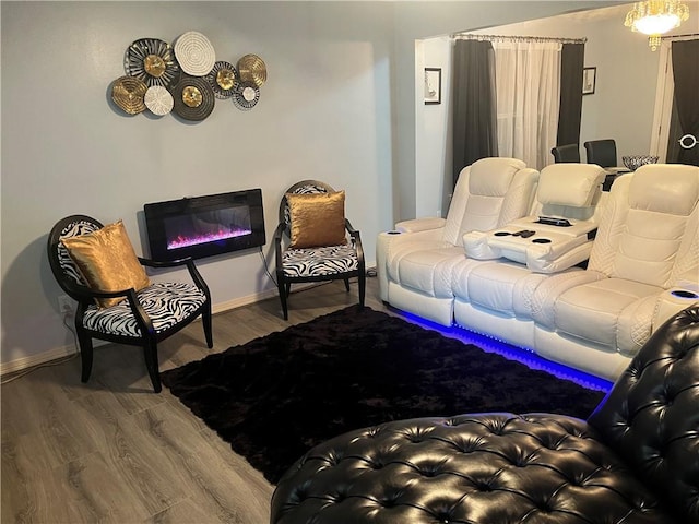 interior space featuring baseboards, wood finished floors, and a glass covered fireplace