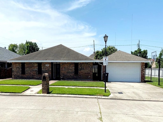 ranch-style house with driveway, fence, roof with shingles, a front yard, and brick siding