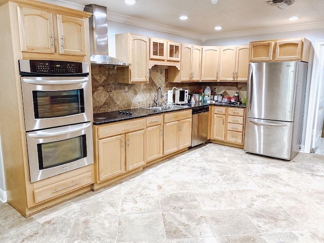 kitchen with light brown cabinets, crown molding, extractor fan, appliances with stainless steel finishes, and a sink