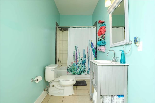 full bath with vanity, shower / bathtub combination with curtain, baseboards, tile patterned flooring, and toilet