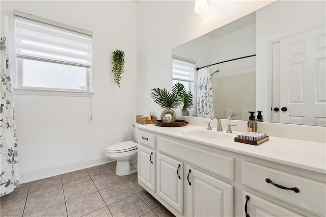 full bathroom with tile patterned floors, plenty of natural light, toilet, and vanity