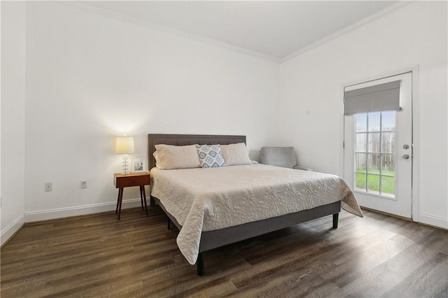 bedroom with dark wood-type flooring, access to outside, baseboards, and ornamental molding