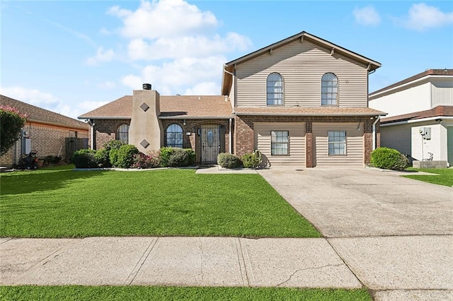 view of front of property with brick siding, a front yard, a chimney, and driveway