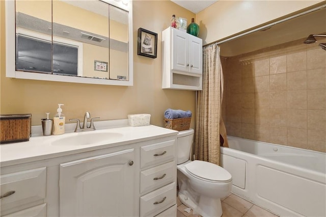 full bathroom with vanity, visible vents, shower / bath combo, tile patterned flooring, and toilet