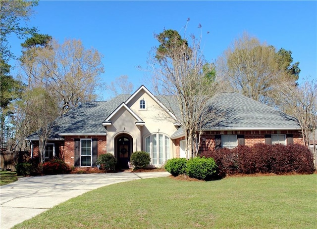 view of front facade featuring brick siding, an attached garage, a shingled roof, and a front yard