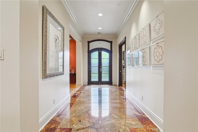 doorway with baseboards, recessed lighting, ornamental molding, french doors, and marble finish floor