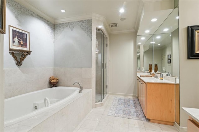 full bath featuring visible vents, a stall shower, ornamental molding, a bath, and vanity