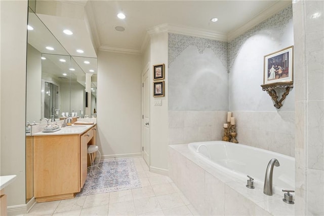 full bath with a bath, recessed lighting, vanity, and ornamental molding