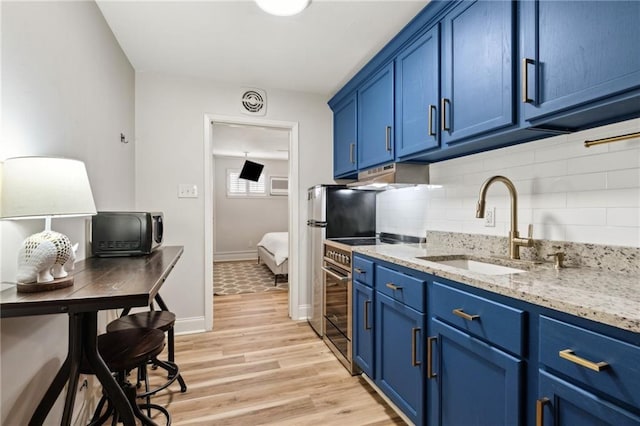 kitchen with blue cabinetry, electric stove, and a sink