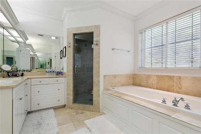 115 Cambridge Dr, Belle Chasse, LA 70037 - bathroom with a garden tub, a shower stall, ornamental molding, and vanity