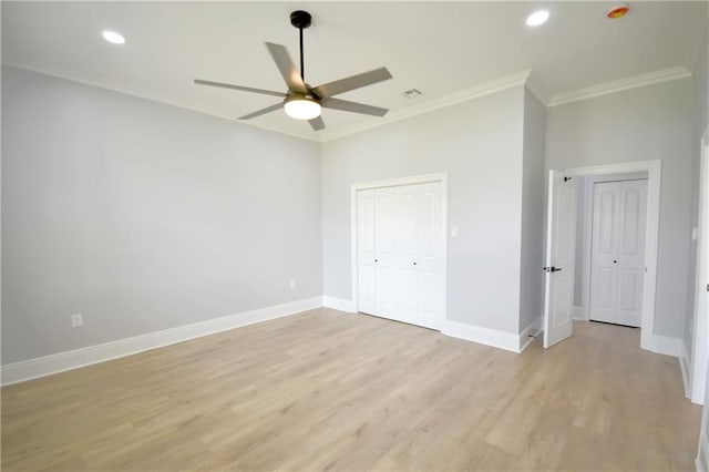 134 Gourgues St, Hahnville, LA 70057 - unfurnished bedroom featuring recessed lighting, light wood-style flooring, ornamental molding, baseboards, and a ceiling fan