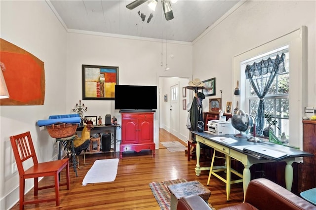 723 Port St, New Orleans, LA 70117 - office with crown molding, wood finished floors, and ceiling fan