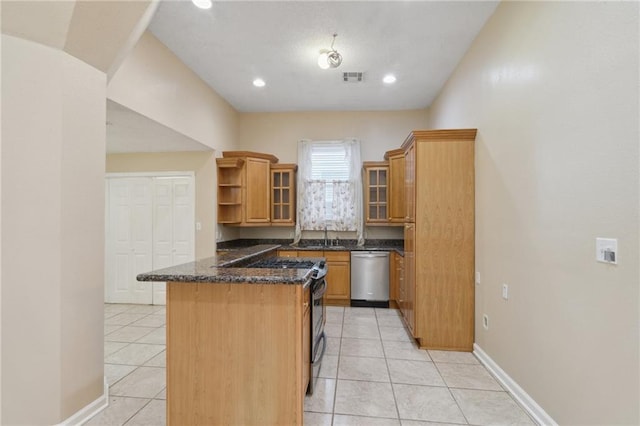 kitchen featuring light tile patterned floors, glass insert cabinets, open shelves, range with gas cooktop, and dishwasher