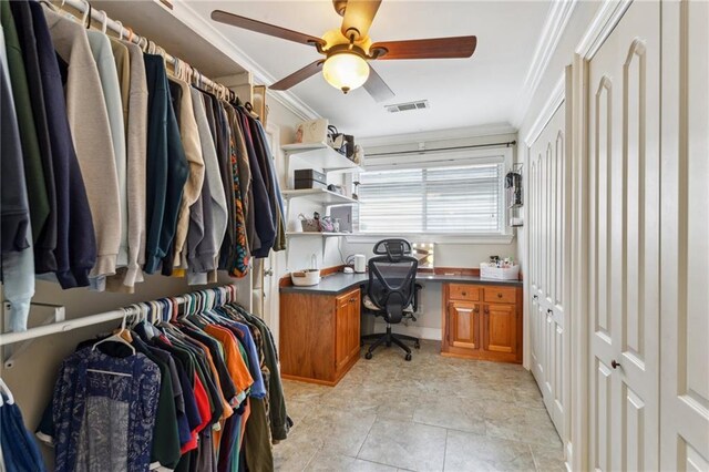 448 Lynnmeade Rd, Gretna, LA 70056 - office space with ornamental molding, a ceiling fan, and built in desk